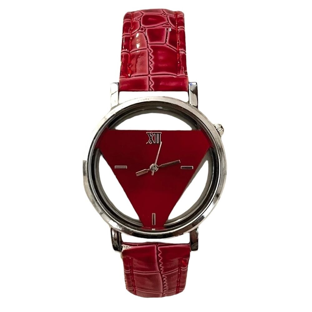NEW CAY Women's Fashion Watch HOLLOWED FACE Triangular Dial RED FAUX LEATHER